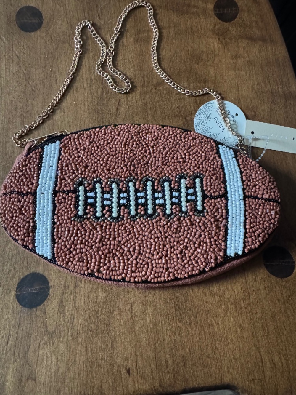 New Football Seed Bead Crossbody Bag Purse With Gold Chain 9” W By 6.5” H